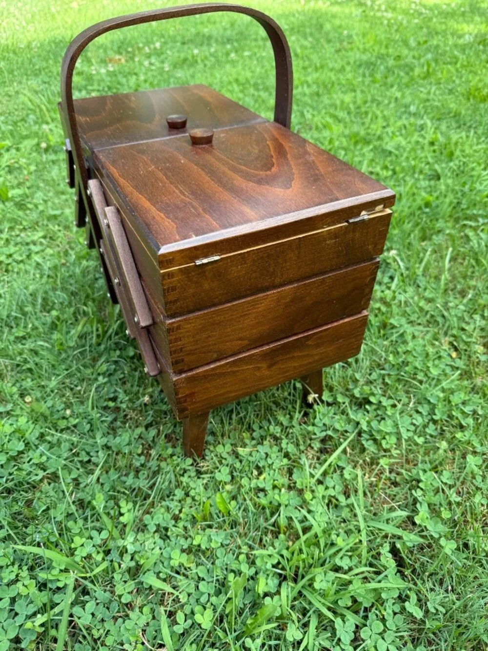 Vintage Wooden Accordion Sewing Box Romania Handle Tiered Cabinet Chest Wood Sto